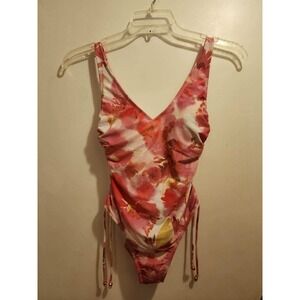 Shade & Shore Pink Floral Watercolor Ruched One Piece Swimsuit Small 4-6 Gold